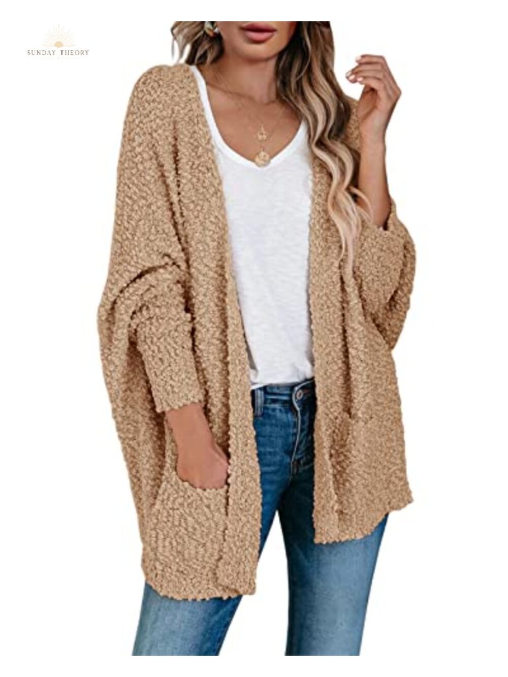 Women's Chunky Popcorn Knit Oversized Cardigan Batwing Sleeve Sweater